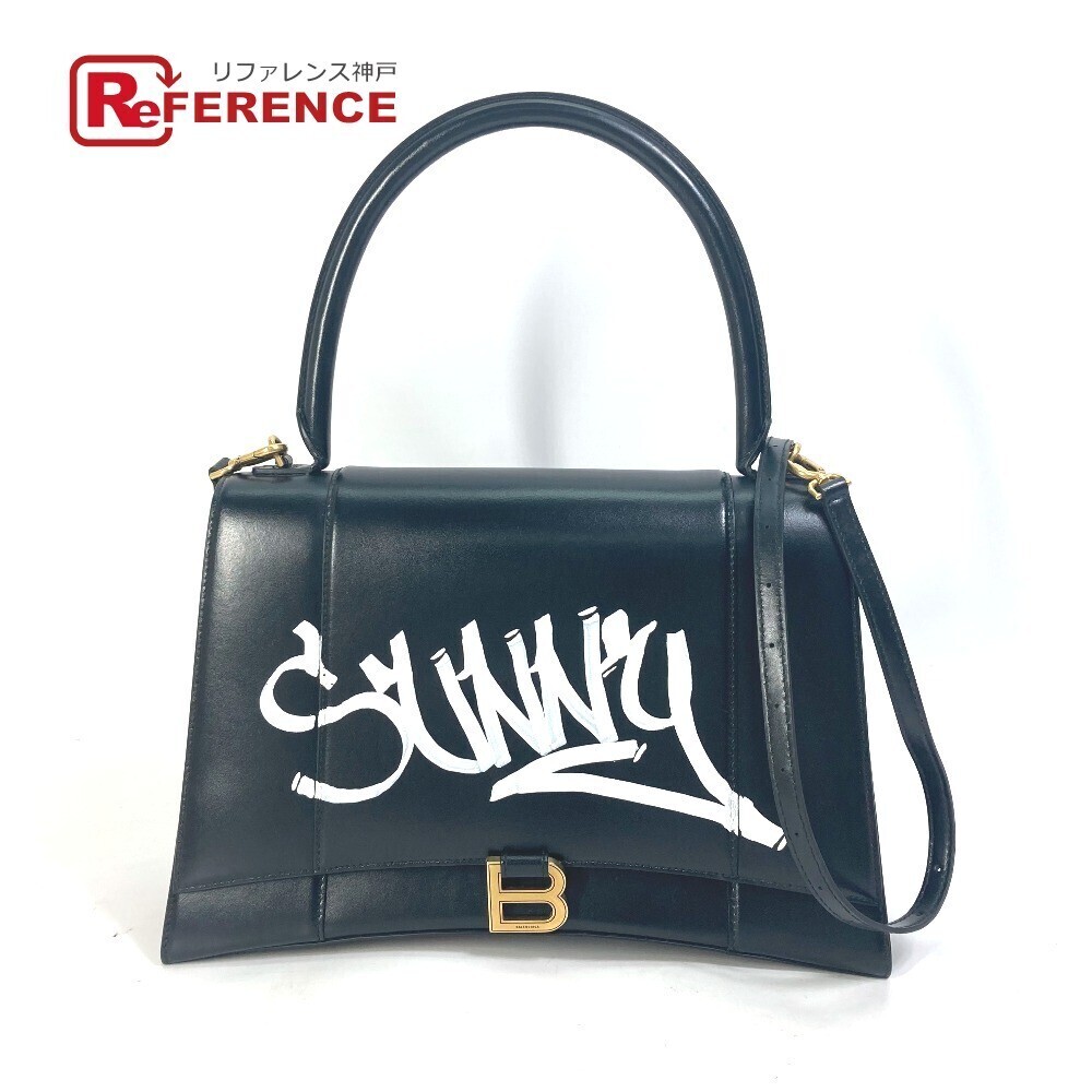 BALENCIAGA Hourglass SUNNY Logo Shoulder Bag Handbag Black Leather